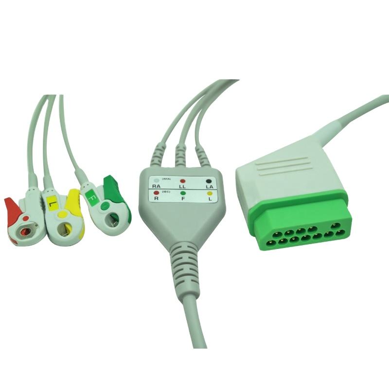 Nihon Kohden Compatible Direct-Connect 12pin 3 Lead ECG Cable,grabber IEC standard